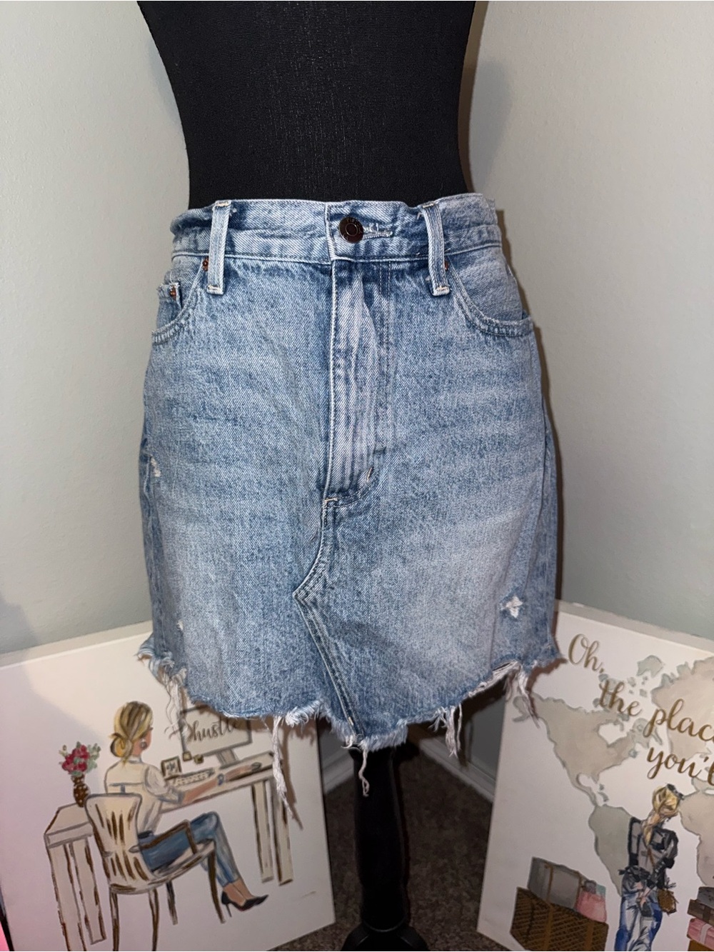 pistola Light Blue Faded Distressed Denim Mini Skirt
